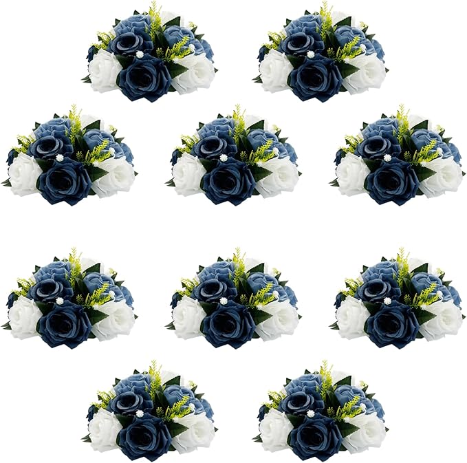 10Pcs Fake Flower Ball Arrangement Bouquet, 9.5" 15 Heads Plastic Roses with Base,Suitable for Parties Valentine's Day Wedding Centerpiece Flower Rack and Home Décor (Dusty Blue & White)