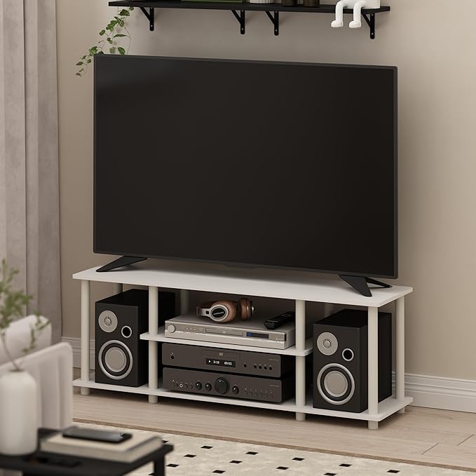 Furinno Turn-N-Tube TV Stand, 3-Tier Entertainment Center with Open Shelves, TV Console for TV up to 50 Inch, for Living Room, Bedroom, White