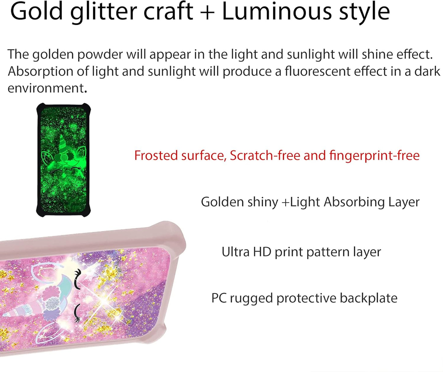 jioeuinly Maxwest Nitro 55a Case Cover with Tempered Glass Screen Protector, Gold Glitter + Luminous, Hard PC + Soft