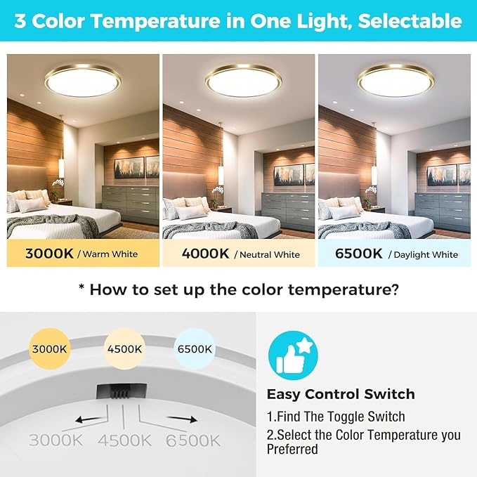 zemty LED Ceiling Light Fixture, 6.5-Inch 12W 1200lm Small Flush Mount Light, Adjustable 3000K 4000K 6500K Color Temperatures, Round Flat Recessed Lamp for Kitchen Closet Hallway Laundry, Gold