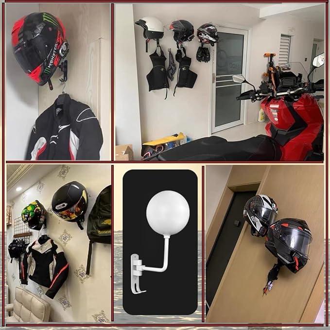SNAGMO White 180° Motorcycle Helmet Rack, Rotation Metal Helmet Holder Wall Mount, Helmet Holder Bike with 2 Hooks Helmet Hanger for Motorcycle Bike Coats, Caps, Baseballs, Rugby Helmet (2 pcs)