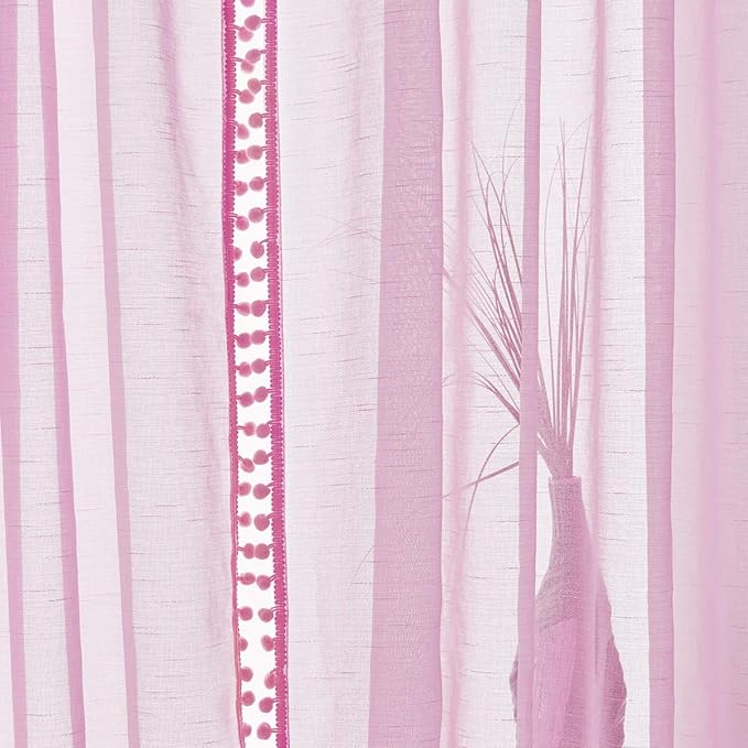 Treatmentex Pink Sheer Curtains for Girls-Room 108inch Long Window Drapes with Cute Pom Pom Design for Salson Party Ceremony Birthday Décor 52" w X 2 Pack