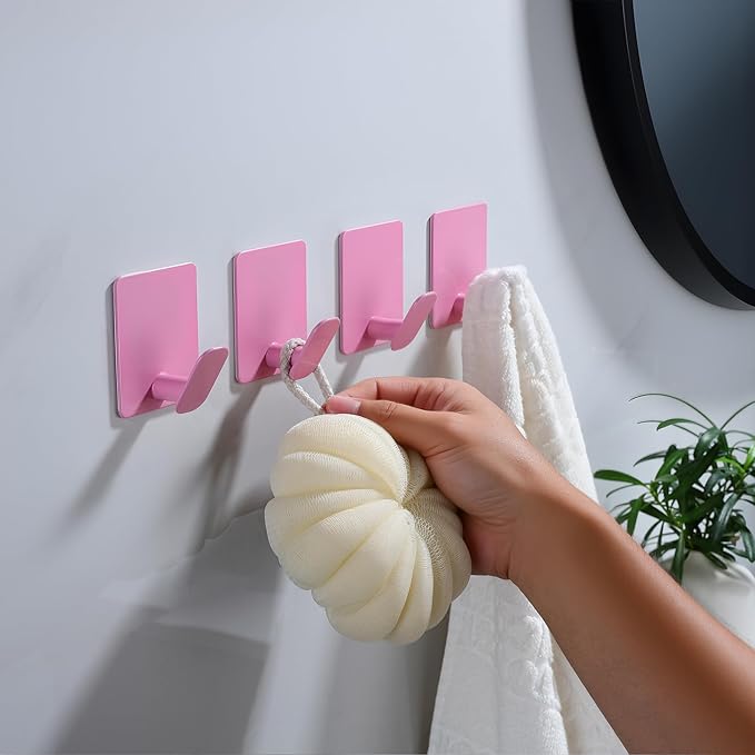 DELITON Cute Kids Wall Hooks & Towel Hooks - Sticky Hooks Light Pink for Hanging Towels, Robe, Coat, Bathroom Decor Organizer