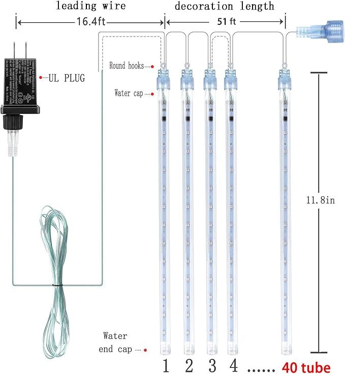 Kwaiffeo Warm White Icicle Lights Outdoor, 40-Tube Meteor Shower Lights for Christmas Thanksgiving New Year Party Yard Wedding Decor, Equivalent to 5 Sets of 8-Tubes