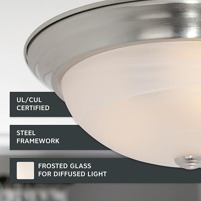 DESIGNERS FOUNTAIN Reedley 2-Lights Flush Mount Ceiling Light, 11 Inch Lighting Fixture for Kitchen, Bedroom, Bathroom, and Hallway, White Alabaster Glass, Satin Platinum, 1257S-SP-AL