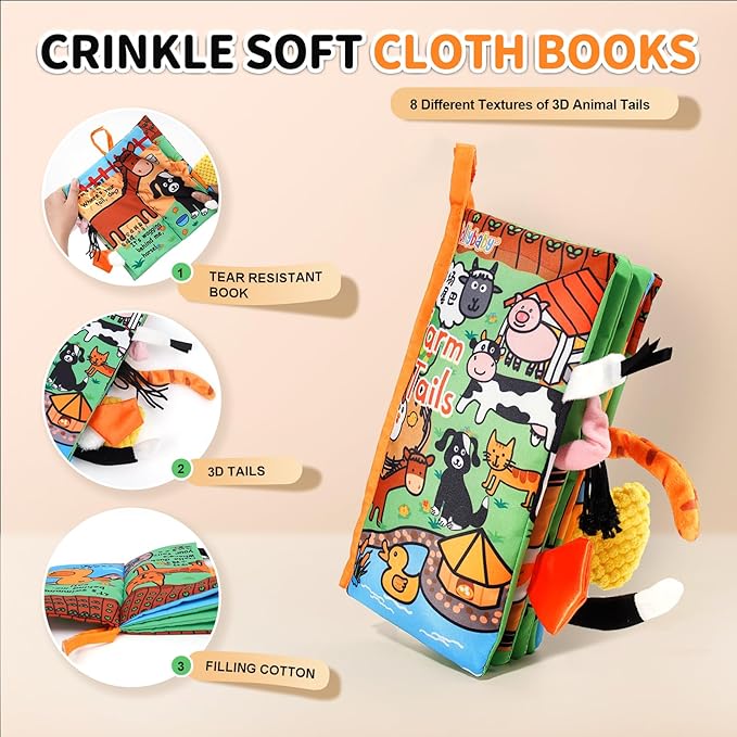 Jollybaby Baby Cloth Books, Touch & Feel Crinkle Soft Books, for Infants Babies, Toddler Early Educational Interactive Stroller Toys, Baby Girl & Boy Gift(Farm Tails)
