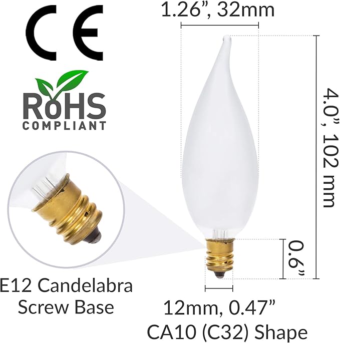 Simba Lighting Candelabra Flame Tip Frosted CA10 40W E12 Base (12 Pack) Decorative Incandescent Light Bulbs 120V for Chandeliers, Ceiling Fan Lights, Pendants, Wall Sconces, Dimmable, Warm White 2700K