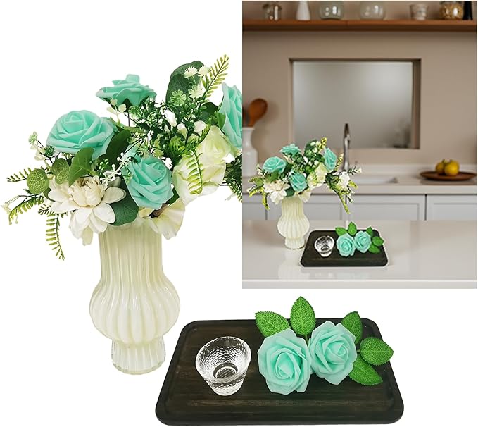 Artificial Rose Flowers 25pcs, Cyan Foam Fake Rose Faux Flower for Wedding Bouquets Bridal Shower Centerpieces Floral Arrangements Home Decorations Party Backdrops Table