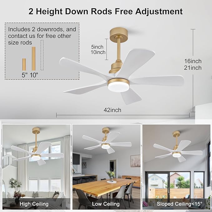 BOJUE 42 Inch Ceiling Fans with Lights and Remote Control, White Gold Ceiling Fan with Light for Bedroom, Noiseless DC Motor, Dimmable Led 5 Solid Wood Blades
