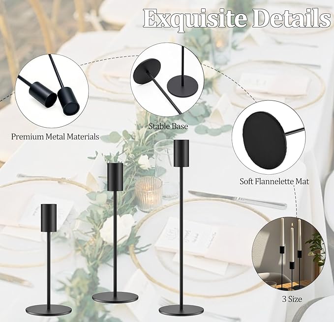 Set of 3 Black Taper Candle Holders, Metal Black Candlestick Holders, Tall Candle Holder, Fits 3/4 inch Thick Candle&Led Candles, for Table Centerpiece, Wedding, Dinning, Party Home Decor