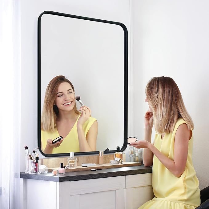 SUPER DEAL 24x36 Inch Black Wall Mirror for Bathroom, Stainless Steel Metal Frame with Rounded Corner, Rectangular Bathroom Entryways Decor Vanity Mirrors Wall Mounted
