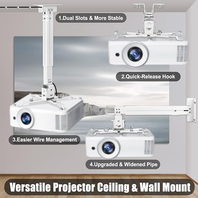 2-Be-Best Projector Ceiling Mount Wide Pipe Universal 3-in-1 Projector Wall Mount Bracket with Adjustable Arm, Flush Mount Option, Built-in Cable Management for Office Home White