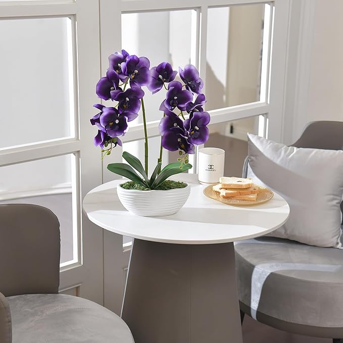 Large Artificial Potted Orchid Plant, Silk Flower Arrangement with Ceramics Vase, Deep Purple