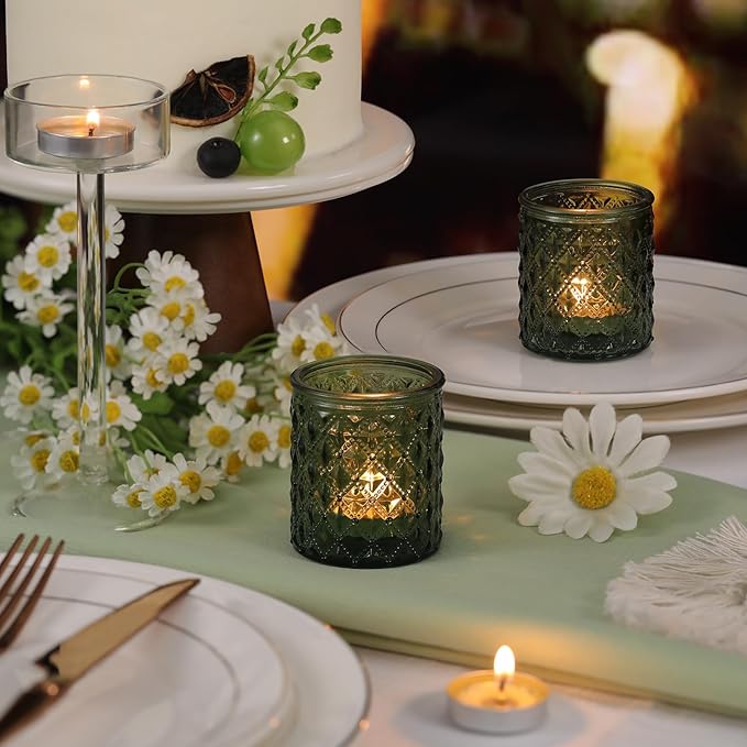 20 Pcs Votive Candle Holders, Green Glass Candle Holder for Wedding Table Centerpiece, Tea Lights Candle Holders for Christmas Decor, Party and Fireplace Home Ornaments Wedding Party Indoor Decor