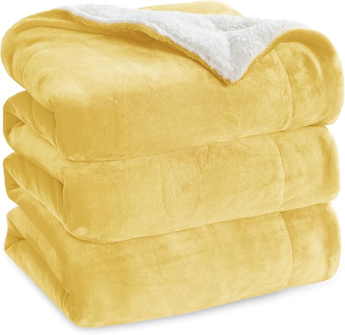 Bedsure GentleSoft Sherpa Fleece Blankets Queen Size for Bed - Thick and Warm Throw for Women and Men, Soft Fuzzy Plush Queen Blanket for Winter, Yellow, 90x90 Inches