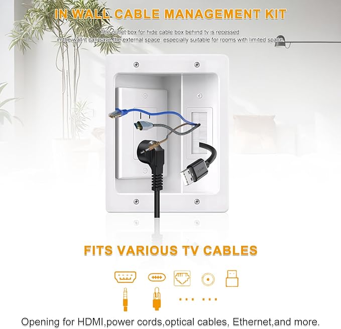 Wall Cable Concealer Kit with Recessed Tv Outlet Box-Two-Hole Socket,Tv Cable Hider Wall Kit Hider Box Fits All Plugs, Easy, Safe Cable Management