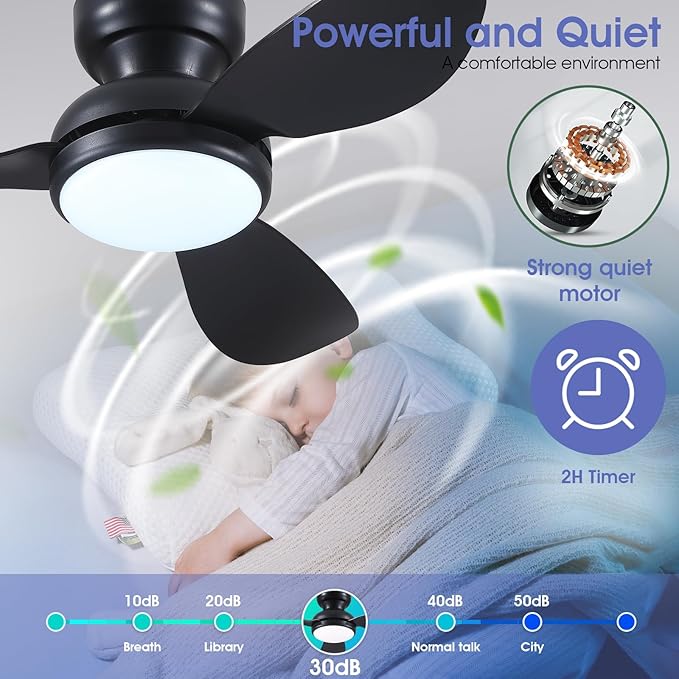36 Inch Modern Ceiling Fans with Lights, Small Flush Mount Ceiling Fan with Light and Remote/APP Control, 3 Reversible 6 Speeds Curved Blades, 3 CCT Dimmable Lights for Bedroom, Black