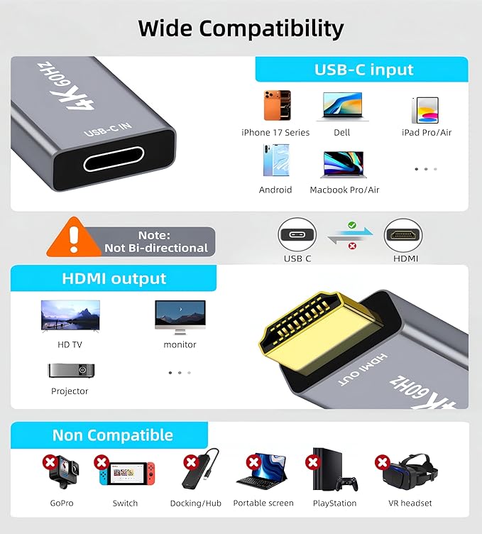 USB C Female to HDMI Male Adapter with 3.3FT USB Video Cable, 4K@60Hz Uni-Directional USB Type C Source to HDMI 2.0 Display Converter Thunderbolt 3/4 to HDMI for i-/Phone 17, MacBok, Galaxy - 1 Pack