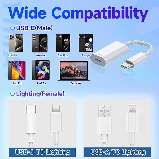 USB C to Lightning Adapter Cable, 2Pack USB C Male to Lightning Female Adapter Support 20W PD Fast Charging&Data Transfer Converter for iPhone 15 Series, iPad Pro, Galaxy (White, 2Pcs, Not for Audio)