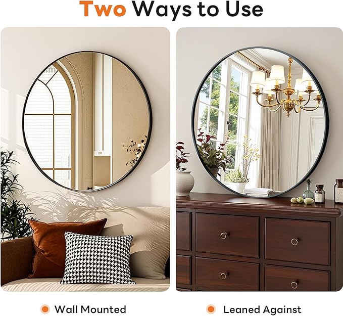 Sweetcrispy Round Bathroom Mirror 30 Inch Black Metal Framed Wall Mounted Circle Vanity Mirror for Bathroom, Bedroom, Living Room, Entryway, Anti-Rust, Modern Decorative, Hanging or Leaning