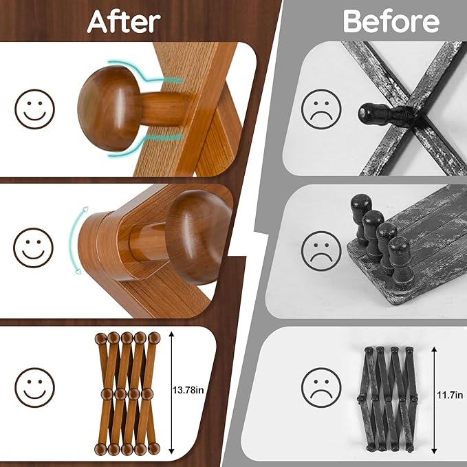 WGFKVAS Hat Rack for Wall with 14 Hooks, Solid Wooden, Expandable Coat Rack Wall Mount for Coats, Hats, Bags, Baseball Caps, Brown