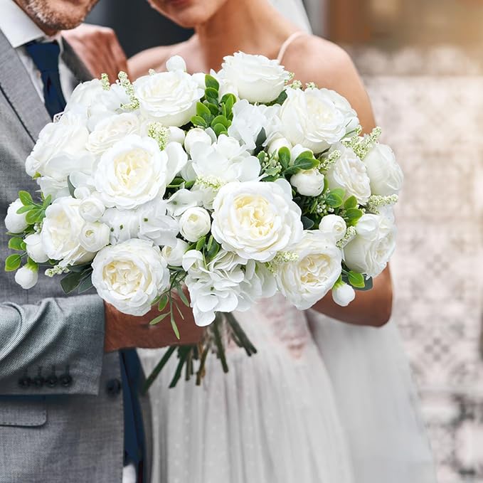 10 Bundles Artificial Peonies, Milky White Hydrangea Artificial Flowers Silk Flowers for Indoor Home Decor Bedroom Kitchen Office Wedding Table Centerpieces