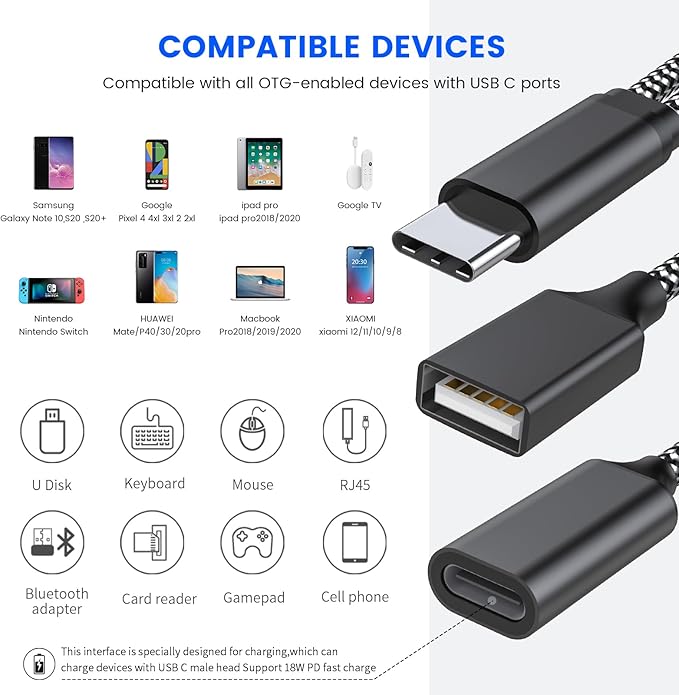 MOGOOD USB C OTG Splitter with 18W PD Charging, 2-in-1 USB-C to USB-A + USB-C Adapter, Charge While You Connect – for Chromecast, 3D Printing (Octo4a), PiKVM, Samsung Galaxy, MIDI, Game Controllers