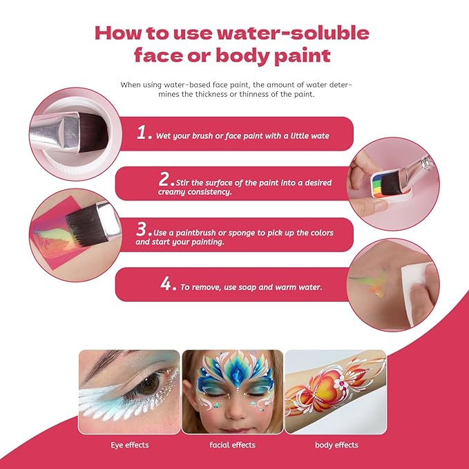 Professional Face Painting Kit for Kids Adults-12*10g Non Toxic Water Activated Face Paint Kit With Brushes,Stencils，Gem Stickers;Halloween,Carnival;Water Based Facepaint Makeup Kit for Kids Party