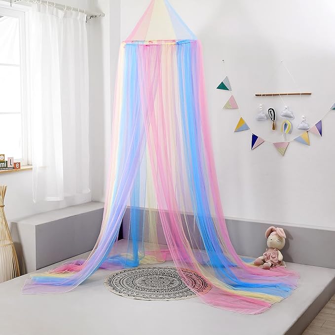 Rainbow Bed Canopy with Lights - Girls Room Bed Netting for Twin, Single, Full, Queen Size Beds - Reading Corners Room Décor