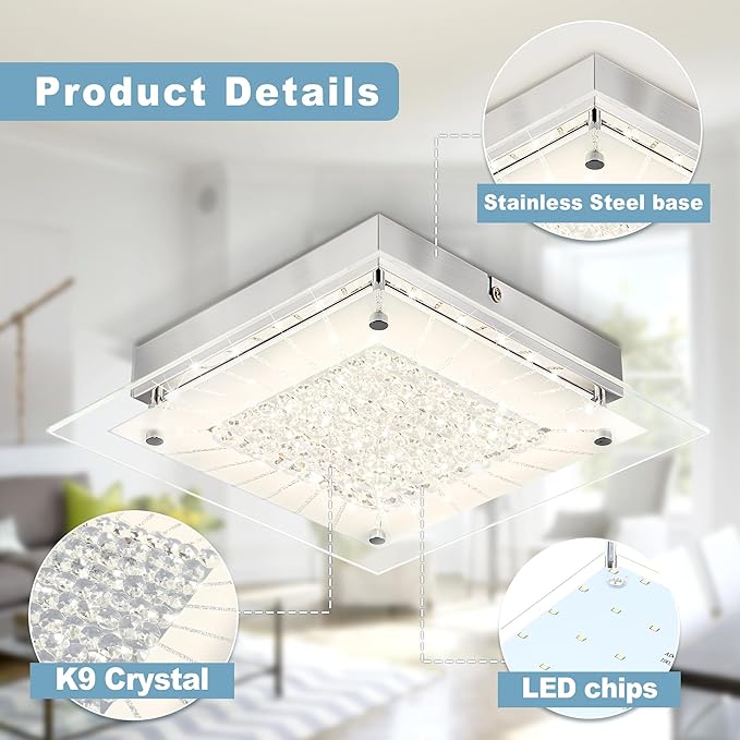 Flush Mount Ceiling Light 11IN Hallway Light Fixtures Ceiling Square Crystal Ceiling Light Fixture Dimmable Light Fixtures for Kitchen, Bathroom, Bedroom, Hallway Ceiling Lights