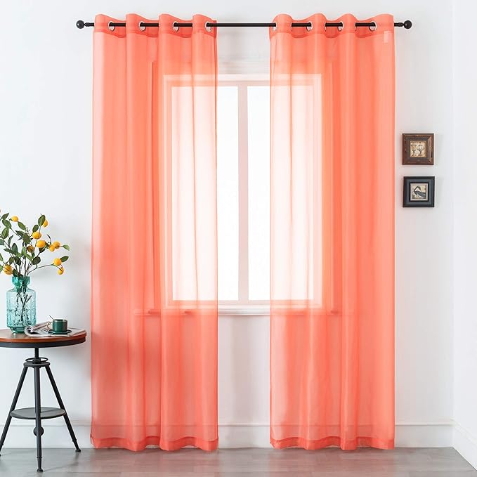 DUALIFE Coral Curtains 108 Inches Extra Length for Living Room Set of 2 Pieces Grommet Look Semi Sheer Transparent Curtains for Bedroom 52x108 Inch Long (Orange Coral)