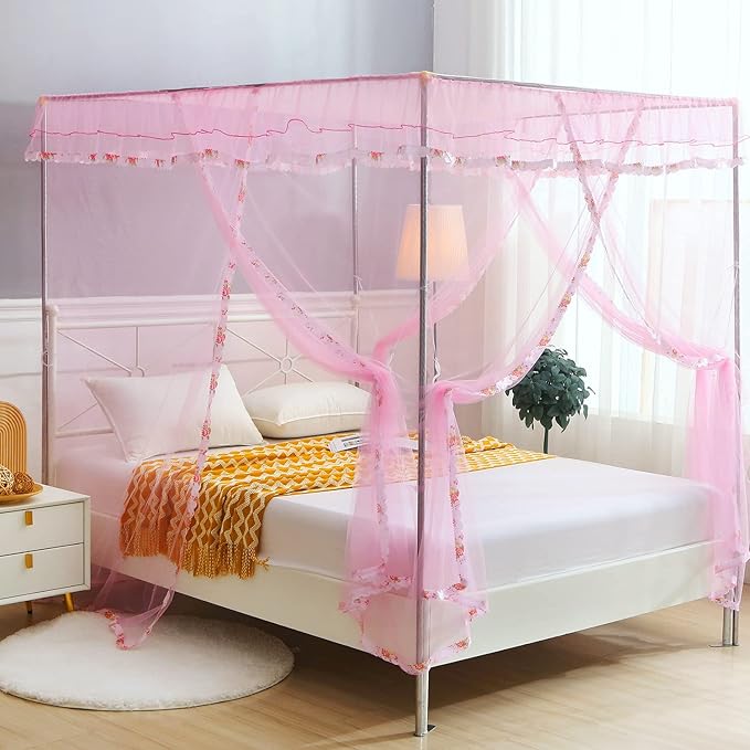 Pink Canopy Netting for Bed - 4 Corner Canopy for Beds, Canopy Bed Curtains, Bed Canopy for Girls Adults, Bedroom Decor (Full Size, Pink)