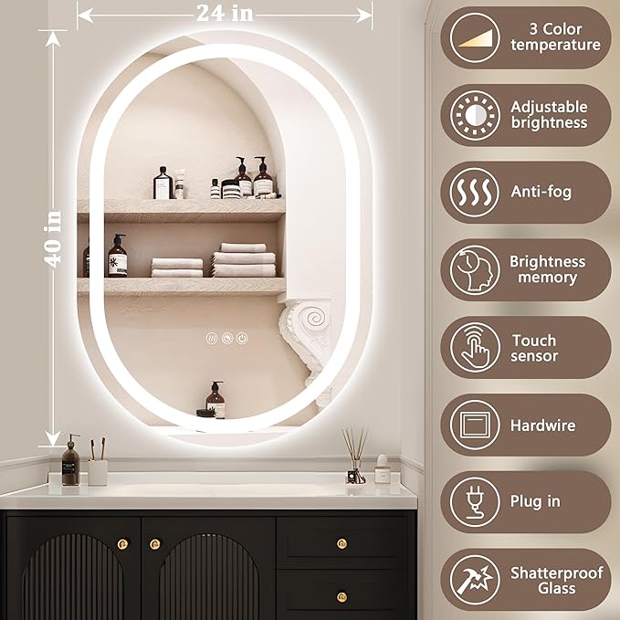 LED Oval Bathroom Mirror 40"x24" Oval Bathroom Vanity Mirror for Wall Anti-Fog 3 Colors & Dimmable Bathroom Mirror for Over Sink with Lights Memory Function Shatterproof LED Mirror