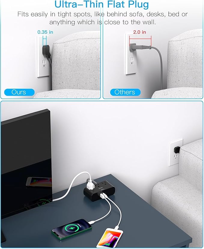 10 Ft Ultra Thin Flat Extension Cord, HANYCONY Black Flat Plug Power Strip with 3 Outlets 3 USB Ports(2 USB C), Desk Wall Outlet Extender, Non Surge Protector for Cruise, Dorm Room Essentials