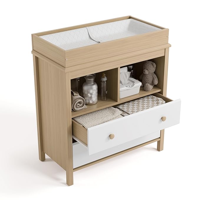 Storkcraft Alpine Nursery Changing Table Dresser Combo (White with Driftwood) – GREENGUARD Gold Certified, Dresser for Nursery, Changing Table with Drawers, Removable Changing Table Topper