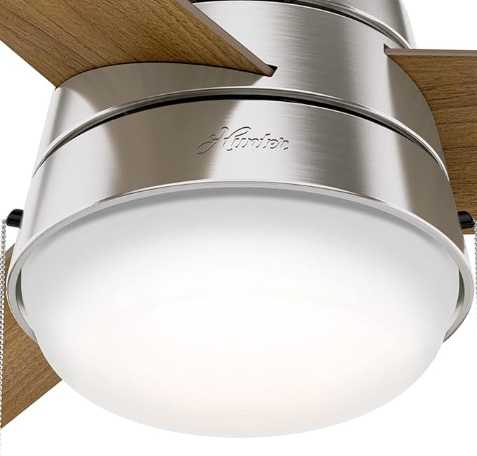 Hunter 36 inch Small Indoor Ceiling Fan with LED Light and Pull Chain - Modern Ceiling Fan, Standard Mount, 3 Blades, For Bedroom, Home Office, or Laundry Room, Quiet - Aker 59303, Brushed Nickel