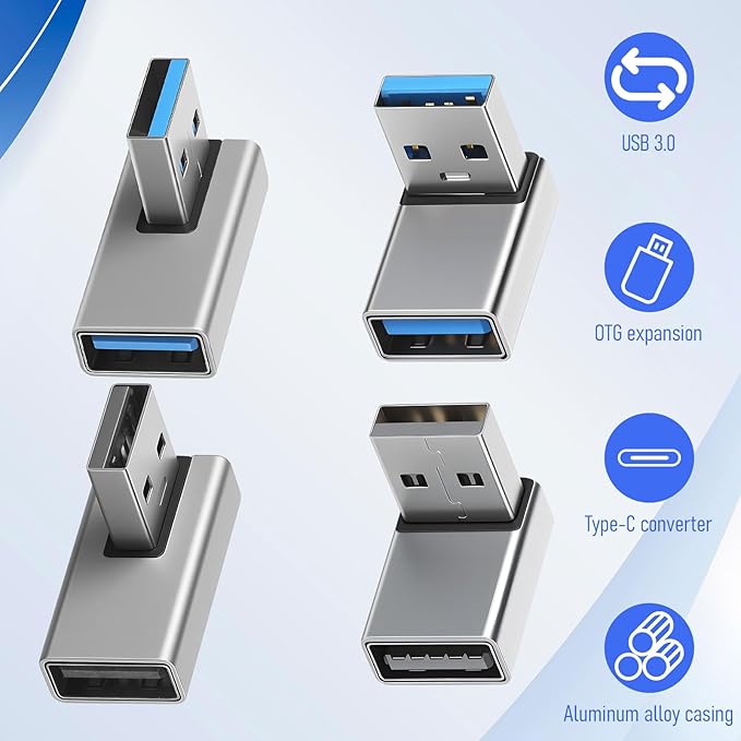 90 Degree USB 3.0 Adapter 4 Pack, L Shape Extender Left and Right Angle and Up and Down Angle USB A Male to Female Converters Extend Laptops for PC, Laptop, Power Bank (Grey)