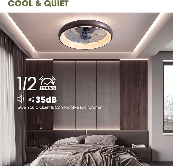 Ceiling Fan with Lights and Remote, 20'' Low Profile Flush Mount, 6 Wind Speeds, Modern Dimmable LED, Smart for Bedroom, Kids Room
