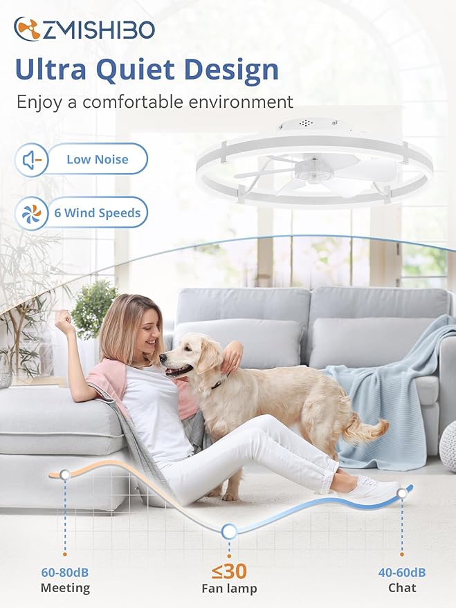 ZMISHIBO 24 Inch Ceiling Fans with Lights and Remote, Modern Low Profile Ceiling Fan, 3000-6000K Dimmable Flush Mount LED Fan Light, 6 Wind Speeds, Fandelier Ceiling Fans for Bedroom- White