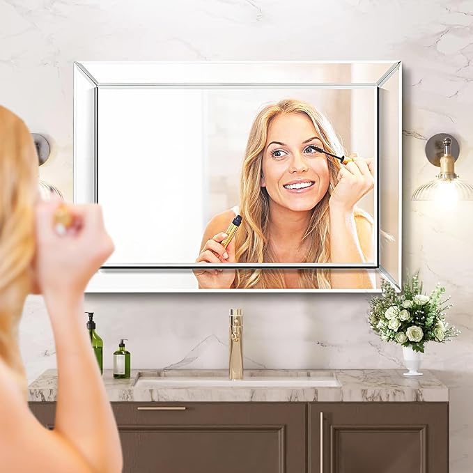 Pregaspor Frameless Bathroom Mirror - 20" x 30" Rectangular, Polished Beveled Edge for Washroom