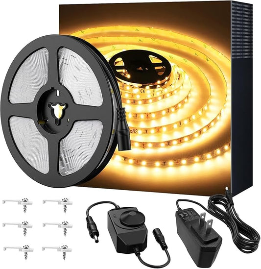 Warm LED Strip Lights,Onforu16.4ft Dimmable Strip Lighting,3000K 5m 12v Tape Light, 2835 LEDs Flexible Warm White Rope Light for Home,Kitchen,Under Cabinet,Bedroom, Christmas Decor, Non-Waterproof