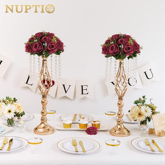 NUPTIO Flower Ball Arrangement Bouquet - 10 Pcs 9.5 inch Diameter Burgundy Fake Flowers Roses Balls for Centerpieces Tables - Artificial Rose Arrangements for Wedding Centerpiece Table Decorations