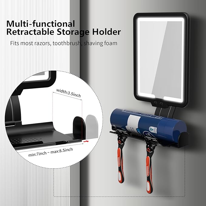 Shower Mirror Fogless for Shaving, Heated Shower Mirror with 3 Color Lights Dimming 9.5*8inch Shower Shaving Mirror, Lighted Shower Mirror Large Antifog Shaving Mirror with Storage Tray & Razor Holder