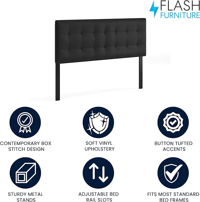 Flash Furniture Lennox Tufted Upholstered Headboard for Queen Size Bed, Contemporary Vinyl Tufted Headboard with Adjustable Height, Black