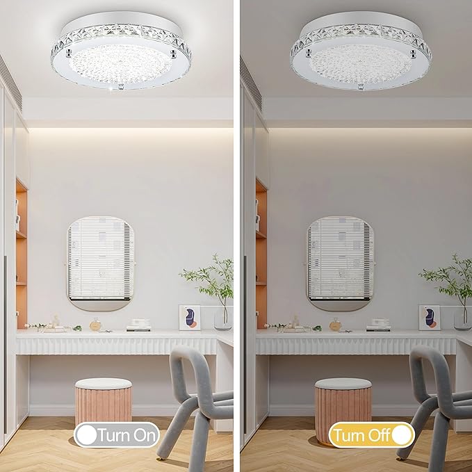 Crystal Flush Mount Ceiling Light Fixture 13.8" Hallway Lighting Fixtures Ceiling Crystal Ceiling Light Fixture Chrome for Kitchen, Bathroom, Bedroom, Closet