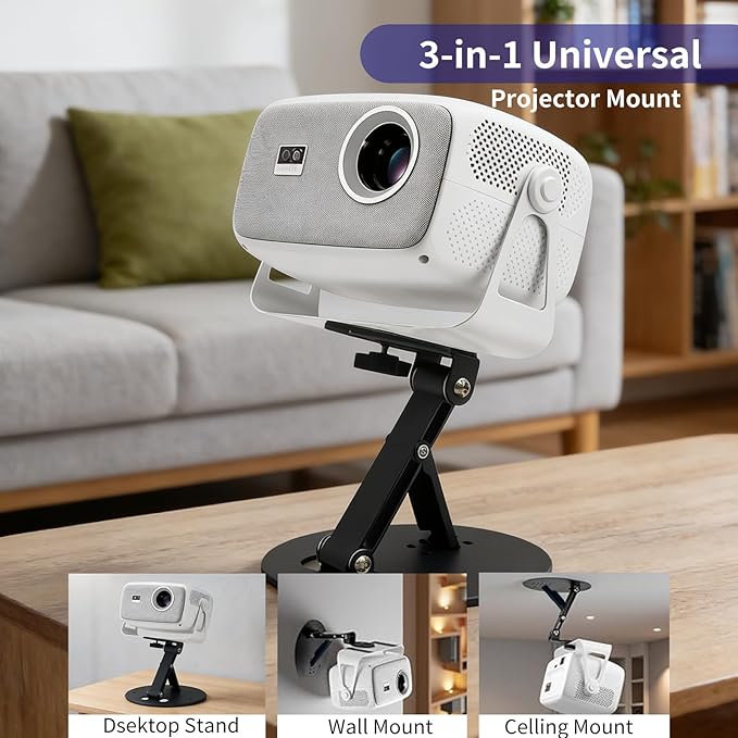 Projector wall Mount, Projector Stand Desktop and Ceiling Bracket with 1/4-Inch Screw, Adjustable 180-Degree Rotation, Dual Universal Joints, Stable Triangular Structure (Load-Bearing)