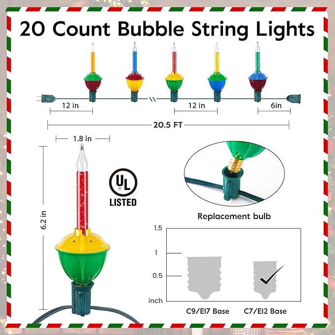 Christmas Bubble String Lights - 20.5 FT Christmas String Lights with 20 Counts Christmas Lights Bulb, Traditional Bubble Decorative Lights for Holiday Christmas Celebrations Lighting, Multicolor