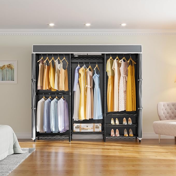 VIPEK V5C Medium Covered Clothes Rack Heavy Duty Portable Closet Wardrobe, Freestanding Black Clothing Rack with Grey Upgarded Polyester Cover, Adjustable Custom Closet Rack, 57.9" Lx17.3 Wx76.4 H