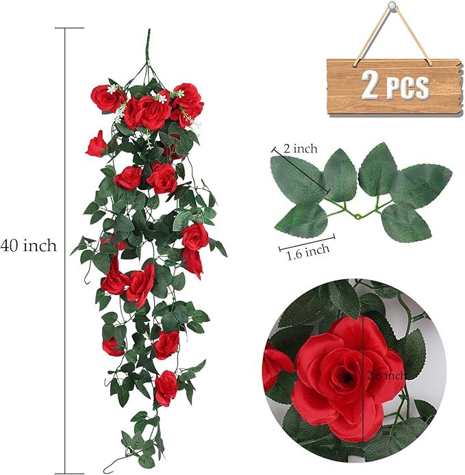 RECUTMS Hanging Flowers Artificial Plants 2PCS 3.3Ft Rose Vine Flower for Home Room Garden Wedding Indoor Outdoor Decoration (Red)