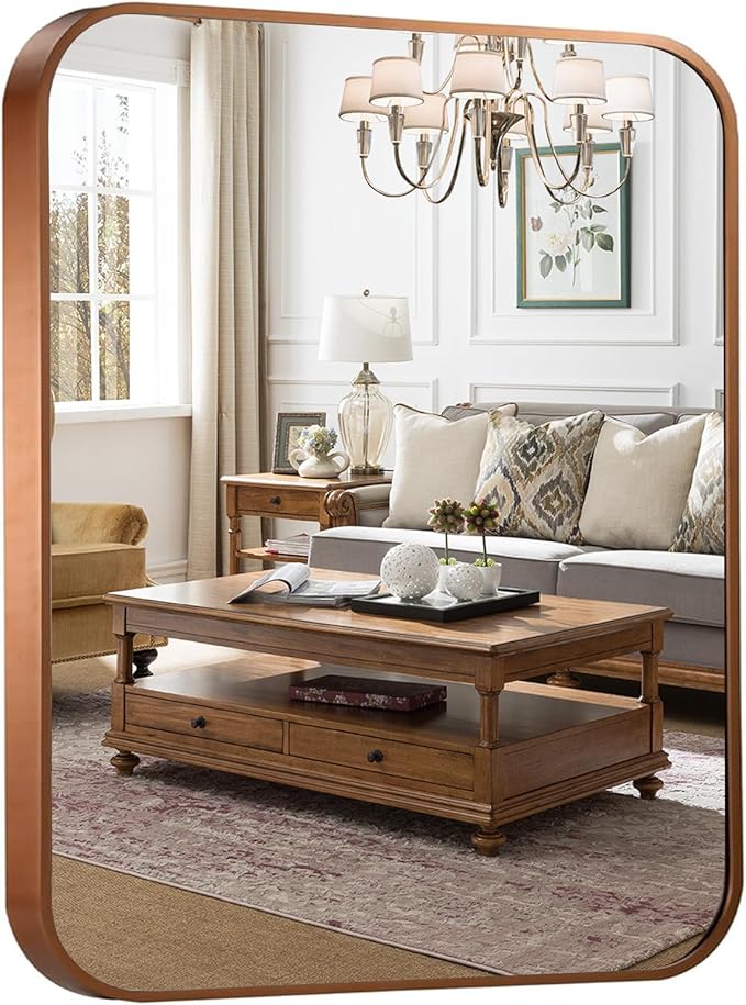 Rectangle Bathroom Mirror for Wall Decor, 30x36 Inch Brushed Bronze Metal Framed Rectangular Mirror for Bathroom Vanity, Living Room, Bedroom, Farmhouse, Hangs Vertically or Horizontally
